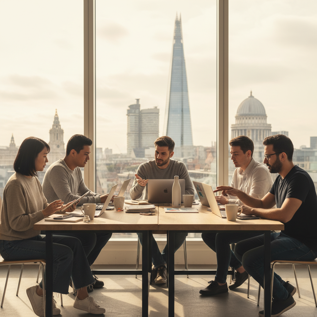 A diverse group of expat entrepreneurs from various backgrounds, casually dressed, collaboratively working on laptops and tablets in a modern, sunlit co-working space in London. A blurred backdrop shows iconic London landmarks like the Shard, symbolizing innovation and global connectivity. The atmosphere is vibrant and focused, with notes and coffee cups on desks. Photorealistic style with a slightly warm filter.