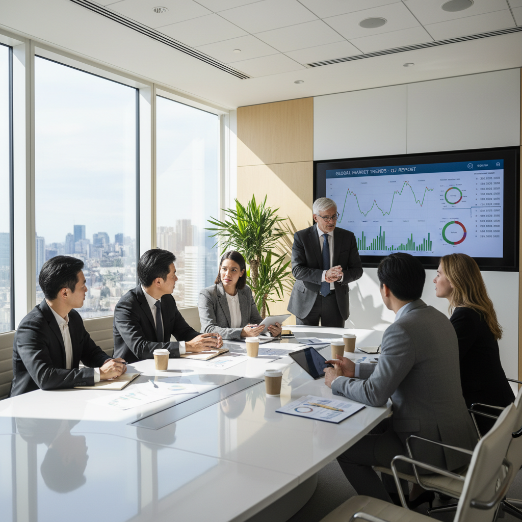 A diverse group of international business professionals in a modern, light-filled office discussing investment strategies, with a digital display showing financial charts in the background. Photorealistic.