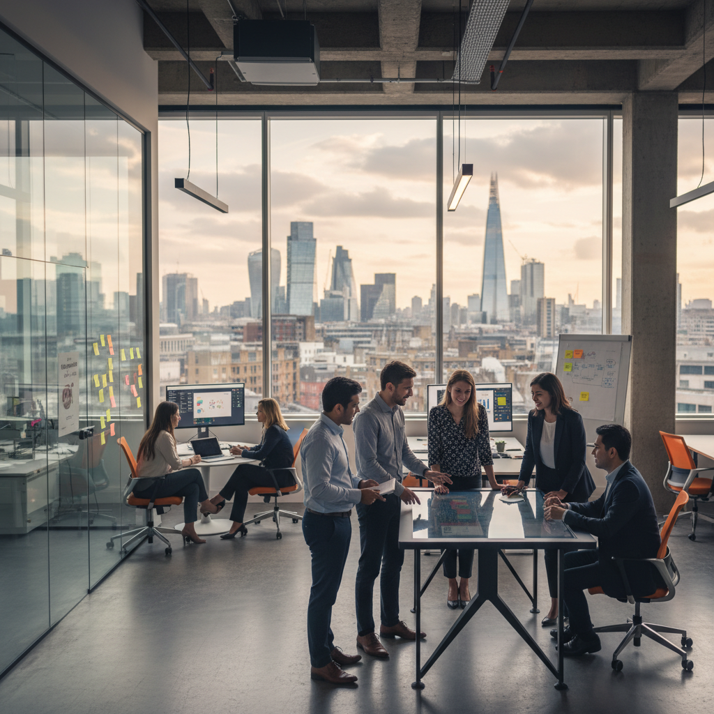 A diverse group of business professionals from various backgrounds collaborating in a modern, bright office space in a vibrant UK city, with the London skyline faintly visible in the background, conveying innovation and opportunity.