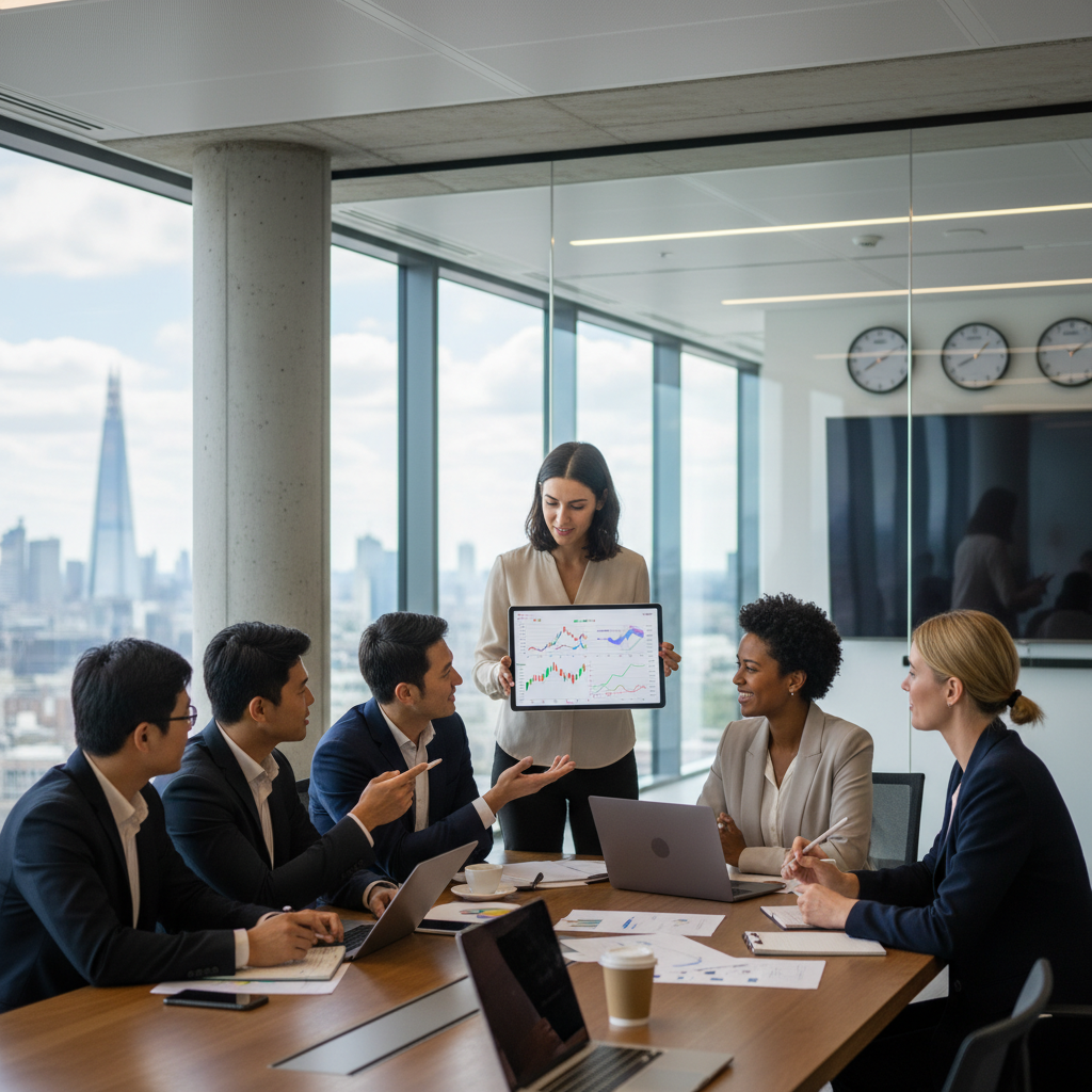 A diverse group of business professionals from different backgrounds collaborating in a modern, light-filled office space in London, looking at a digital tablet with financial charts. The image should convey a sense of international business and technological integration.