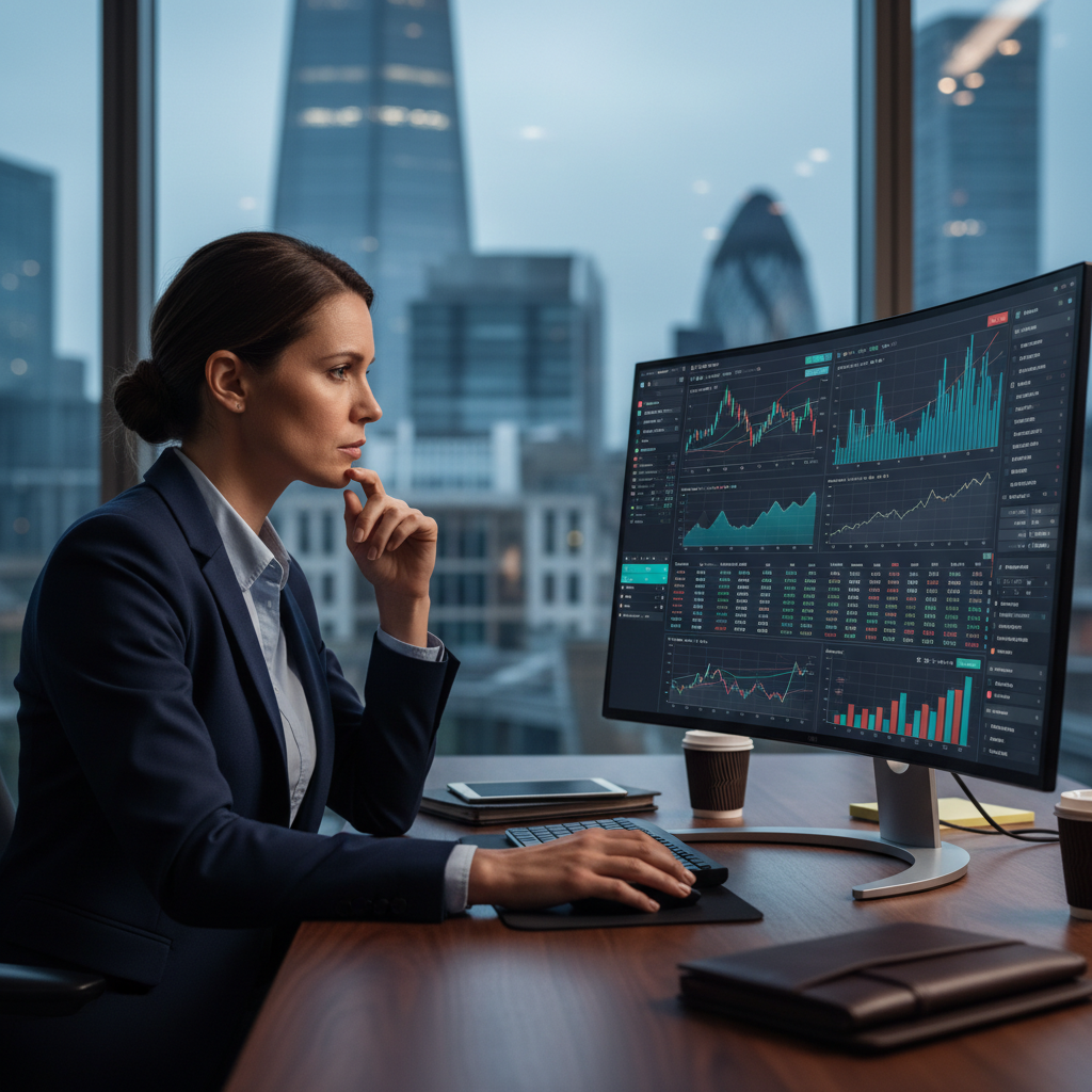 A professional expat entrepreneur looking thoughtfully at a digital screen displaying financial graphs and data, with a blurred London cityscape in the background, conveying complexity and focus. Photorealistic.