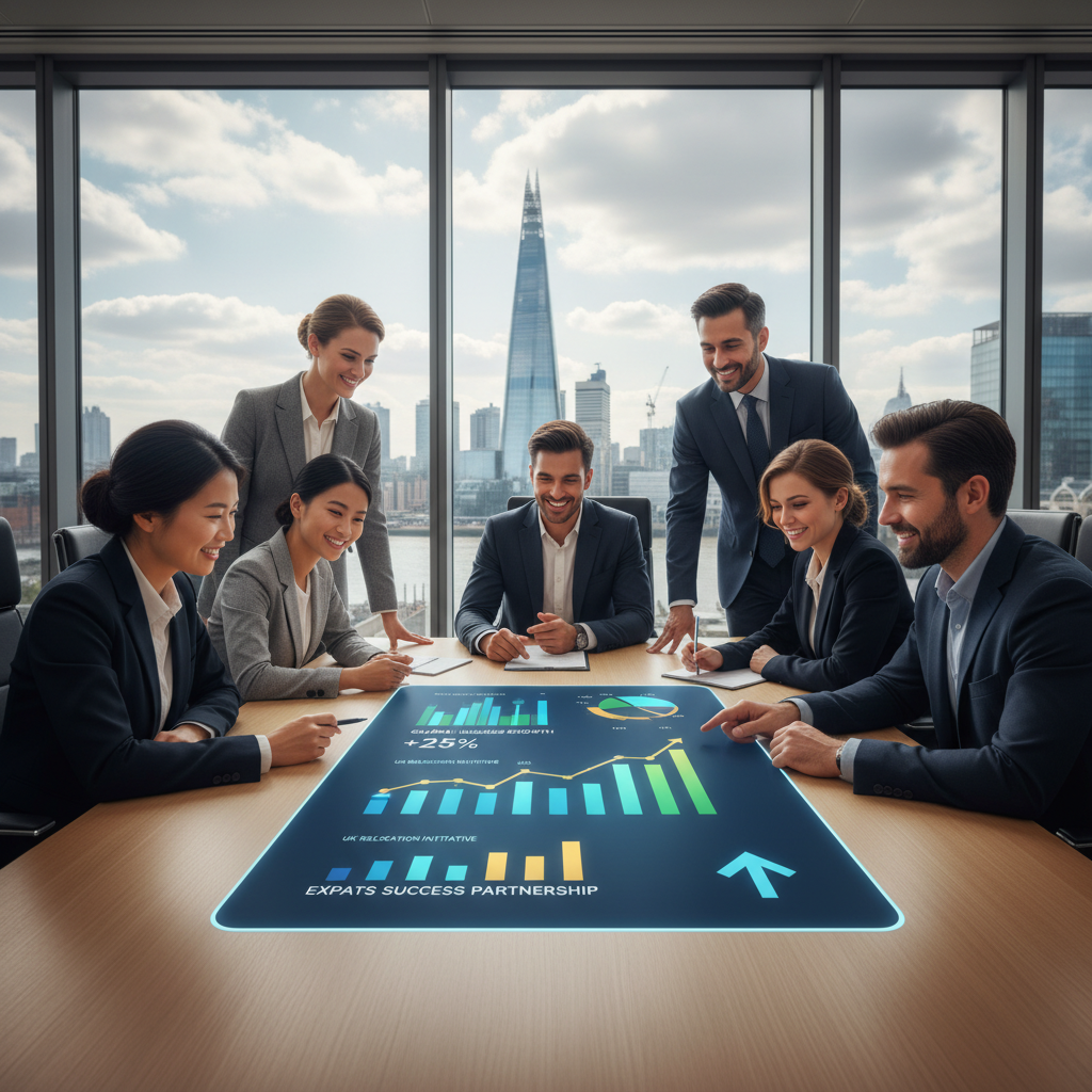A diverse group of business professionals in a modern, collaborative office setting in London, looking at a digital tablet with business charts, representing international collaboration and business growth and success for expats relocating their business to the UK.