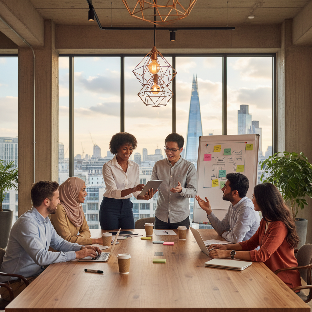 A diverse group of international entrepreneurs from various backgrounds collaborating enthusiastically in a modern, open-plan co-working space in London, with a visible skyline in the background. The atmosphere is vibrant, innovative, and dynamic, showcasing teamwork and ambition.