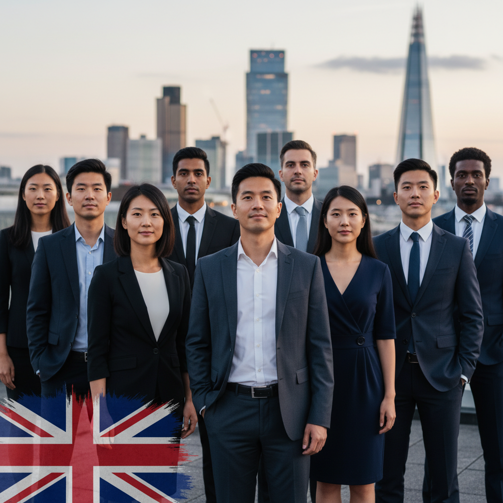 A diverse group of expat professionals from different backgrounds, dressed in modern business attire, confidently looking towards a blurred, modern London city skyline with a subtle, stylized UK flag element in the foreground. The mood is professional and optimistic. Photorealistic.