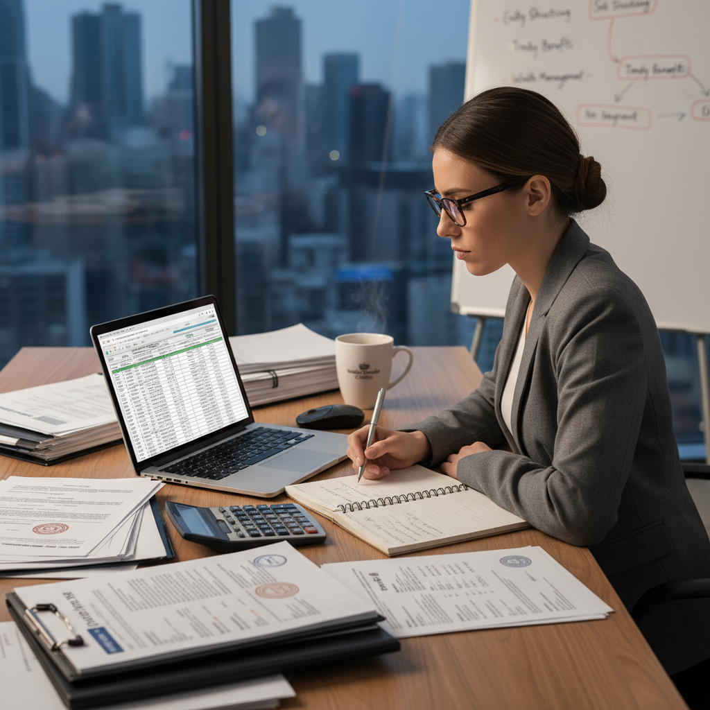 A professional-looking person sitting at a desk, reviewing complex tax documents and financial statements on a laptop, with a calculator and coffee nearby, conveying focus and meticulous financial planning for expat business owners. Photorealistic, high-detail.