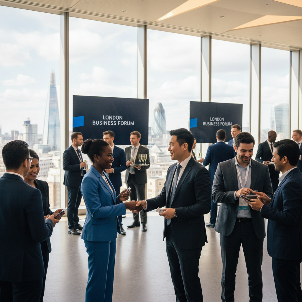 A diverse group of business professionals networking at a modern, bustling business event in London, with a focus on friendly interactions and exchanging business cards. Photorealistic, bright lighting.