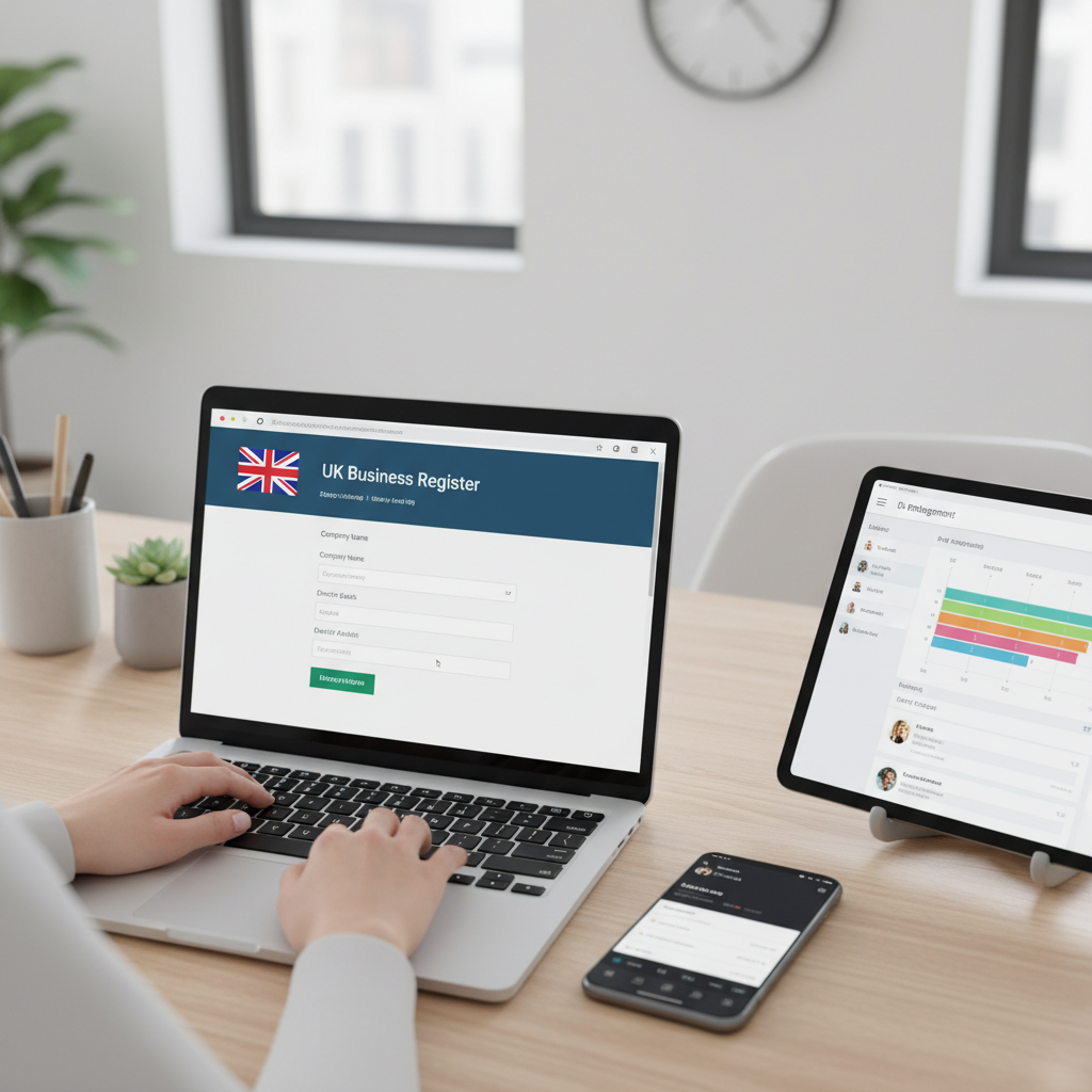 A close-up shot of a laptop screen displaying an online business registration portal with the UK flag clearly visible. A hand is typing on the keyboard. Next to the laptop, a smartphone shows a banking app interface, and a tablet displays a project management dashboard. The desk is clean and modern, suggesting efficiency and digital integration. High-angle, bright, and professional setting.
