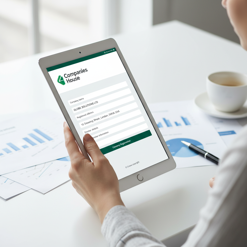 A close-up, highly detailed shot of a hand holding a digital tablet displaying the Companies House website with a company registration form open, set against a blurred background of a modern, clean desk with business documents and a pen, photorealistic.