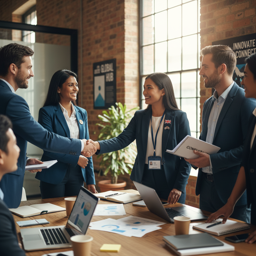A diverse group of business professionals, including an expat and a consultant, shaking hands in a bright, modern co-working space in the UK, symbolizing successful collaboration and networking. Laptops and paperwork are visible on a table.