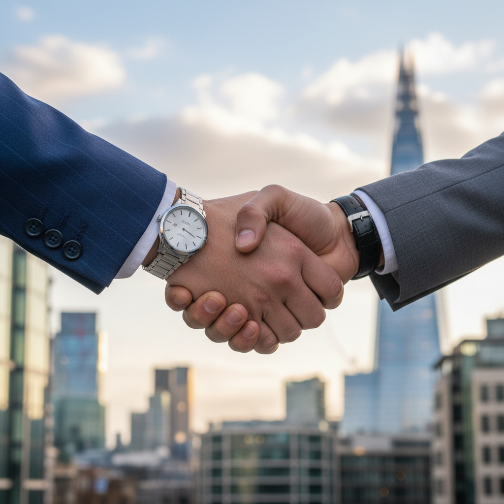 A close-up shot of a handshake between two businesspeople, one British and one international, with a blurred backdrop of London's financial district. The scene is professional and signifies a successful partnership. Photorealistic.