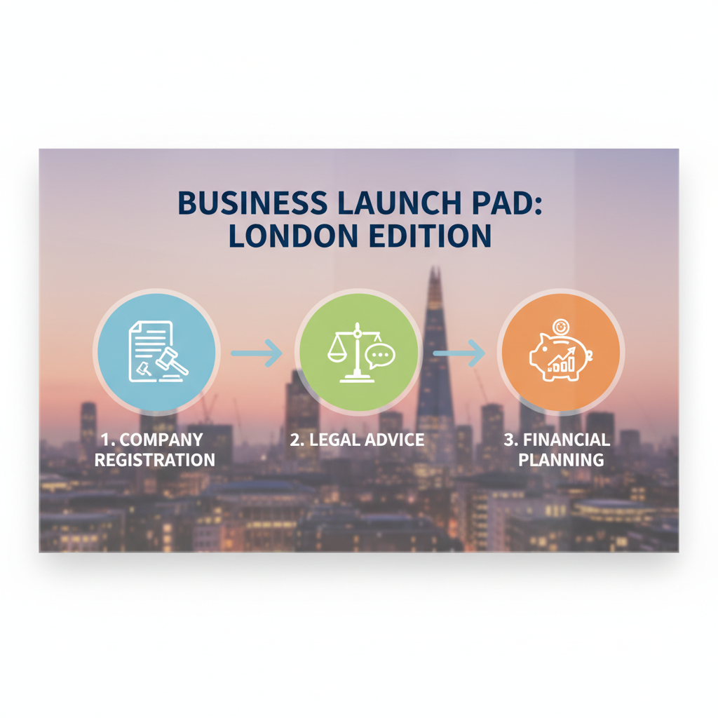 An infographic showing a simplified step-by-step process of business setup, with icons representing company registration, legal advice, and financial planning, set against a backdrop of the London skyline, clean and professional.