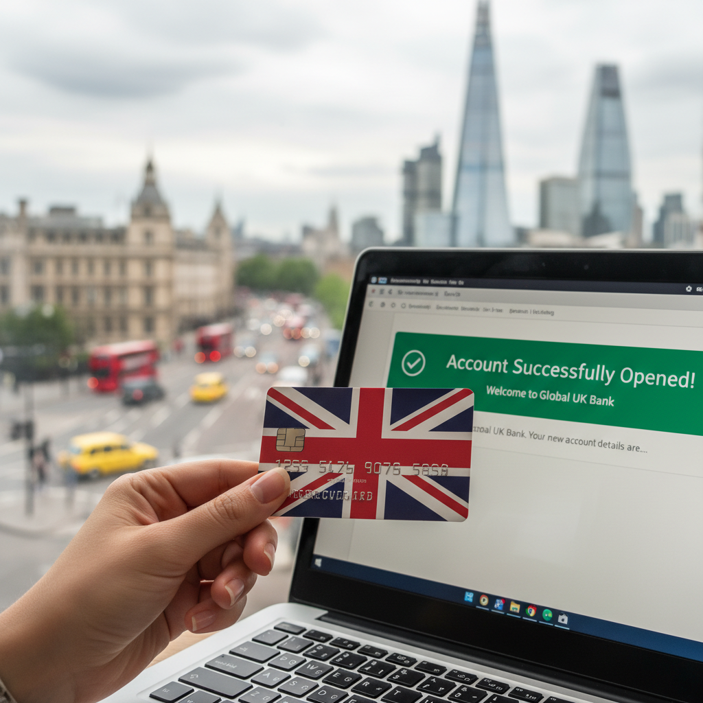 A close-up shot of a hand holding a credit card next to a laptop displaying an online banking interface with a 