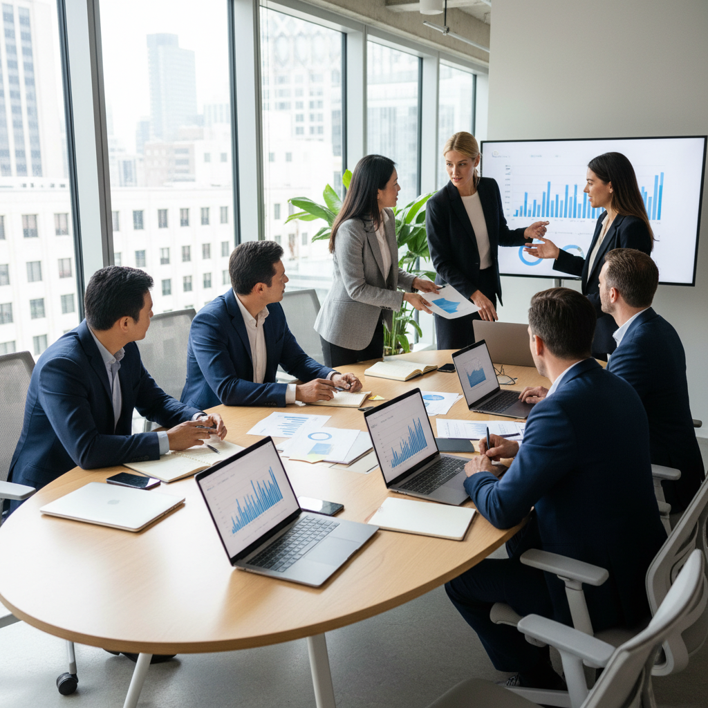 A diverse group of business professionals in a modern, light-filled office, engaged in a collaborative discussion around a table with laptops and documents, symbolizing expert financial advice and partnership. Photorealistic.