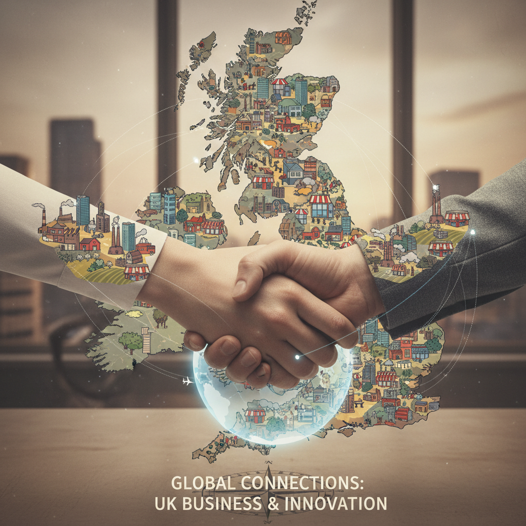 A detailed map of the United Kingdom with various small business icons (e.g., factory, office building, retail shop) overlaid, depicting a vibrant and diverse business landscape. In the foreground, hands are shaking over a globe, symbolizing international business and relocation to the UK.