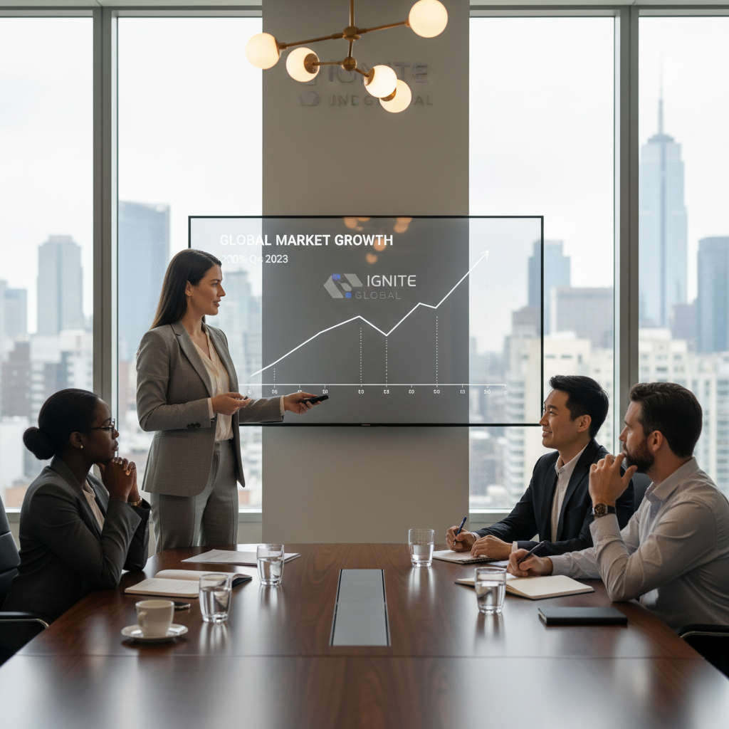A professional, well-dressed female international founder confidently presenting her startup pitch to a panel of three diverse venture capitalists in a sophisticated boardroom. The presentation screen shows a compelling graph illustrating market growth, and the investors are attentive and engaged.