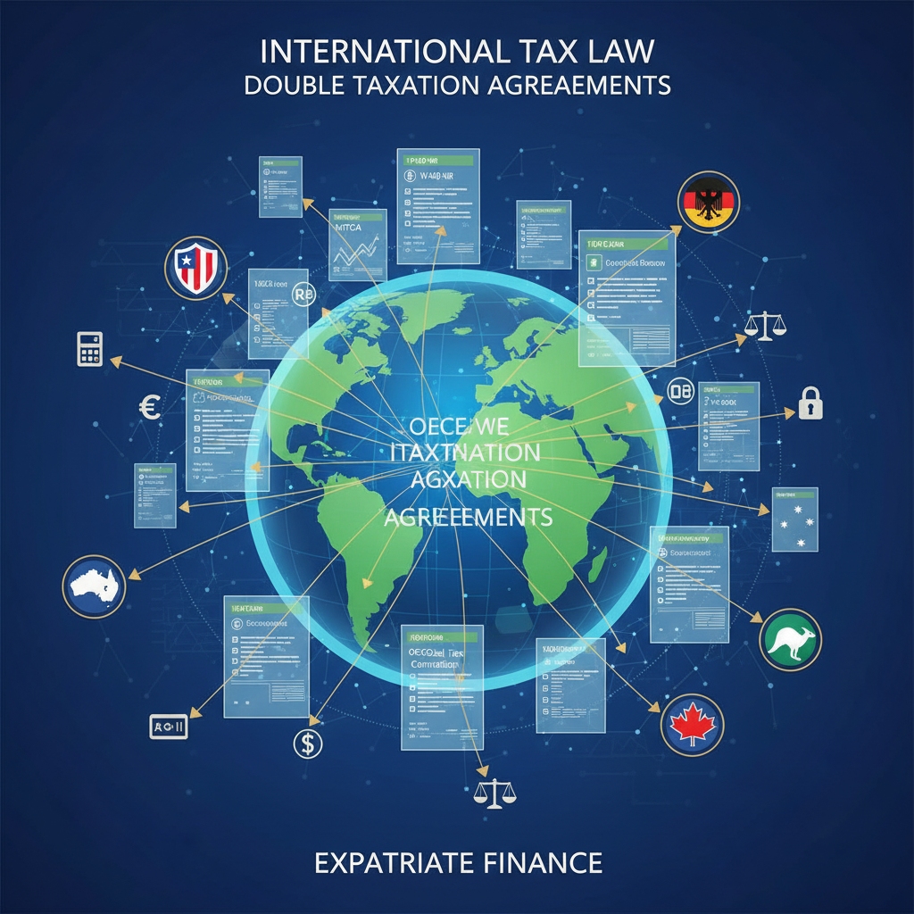 A vibrant, detailed illustration of a globe with various tax forms and financial symbols overlaid, connected by lines and arrows to different countries, symbolizing the complex web of international tax laws and double taxation agreements for expats. Highly detailed, infographic style.