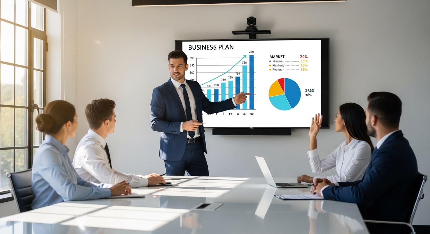 A professional expat entrepreneur confidently presenting a business plan to a small panel of potential investors in a sleek boardroom, with charts and graphs on a screen, symbolizing successful fundraising.