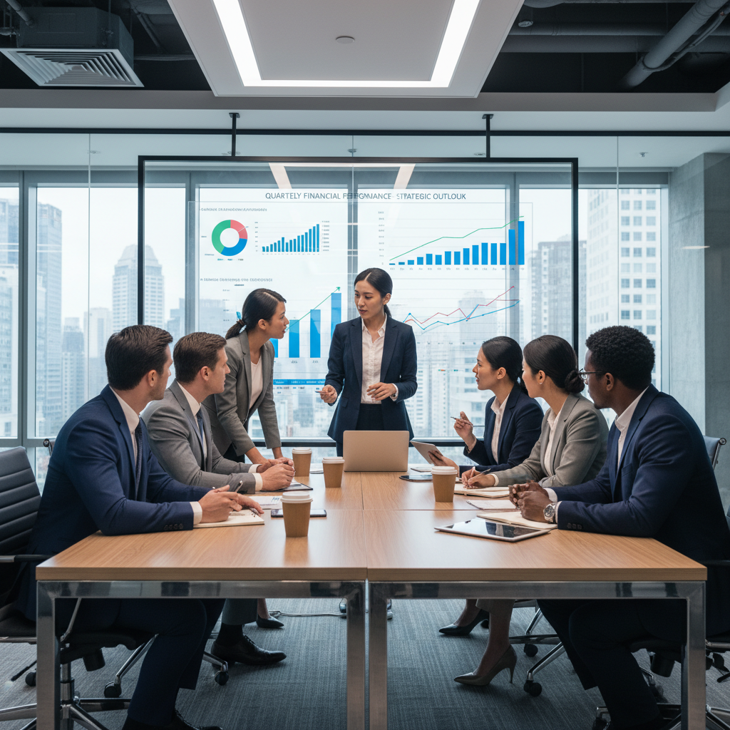 A professional business meeting taking place in a modern office, with diverse individuals discussing financial charts on a large screen. The atmosphere is collaborative and focused, representing strategic business planning. Photorealistic, clear details.